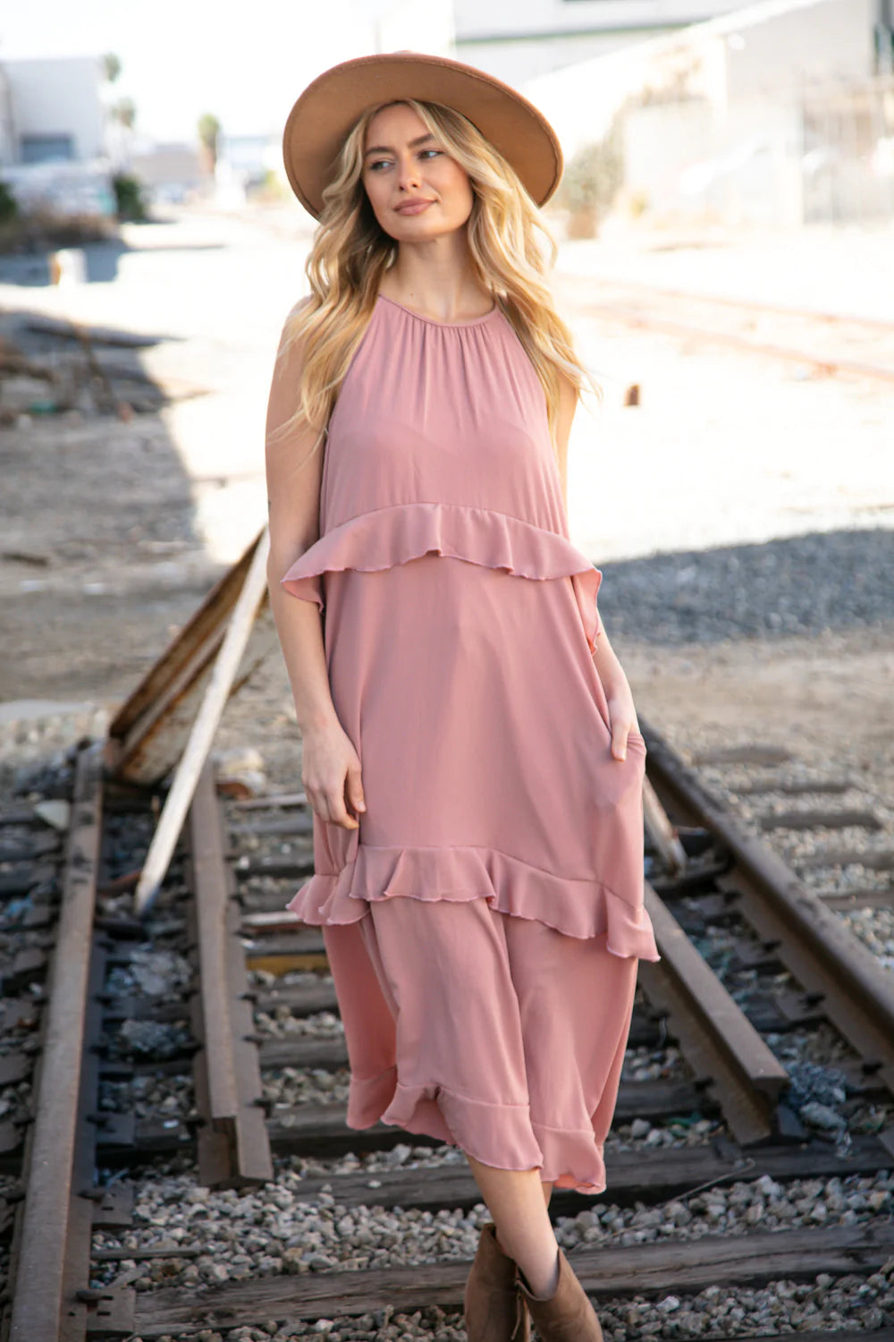 Dusty Rose Halter Neck Hi-Lo Ruffle Tiered Maxi Dress