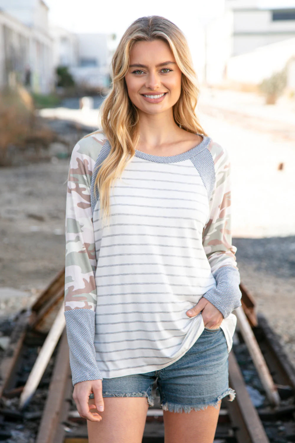 Grey Stripe Textured Knit Camo Raglan Top