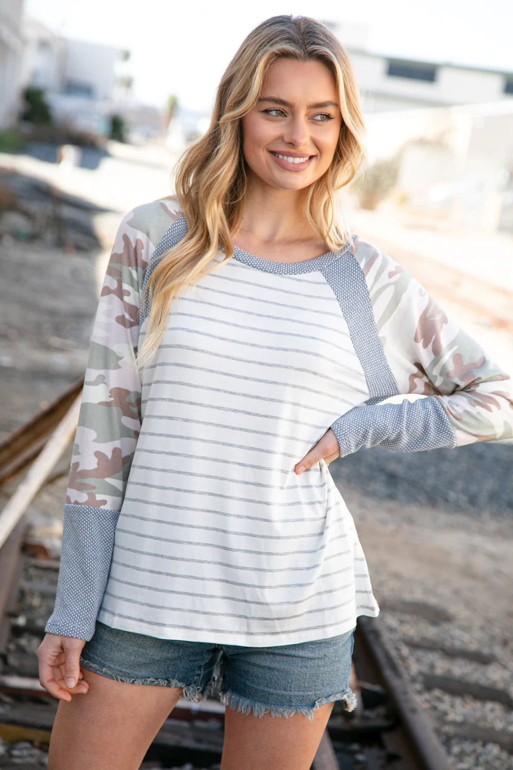 Grey Stripe Textured Knit Camo Raglan Top