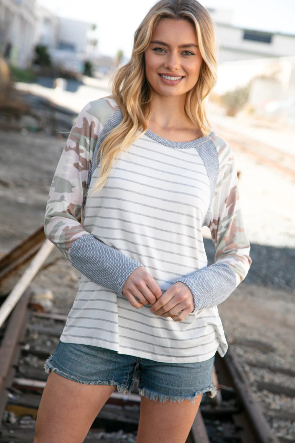 Grey Stripe Textured Knit Camo Raglan Top