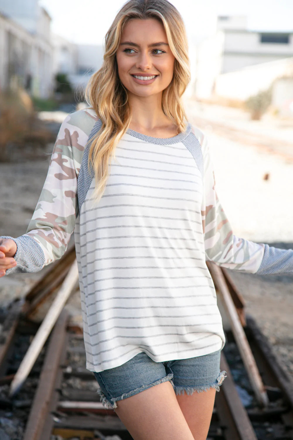 Grey Stripe Textured Knit Camo Raglan Top