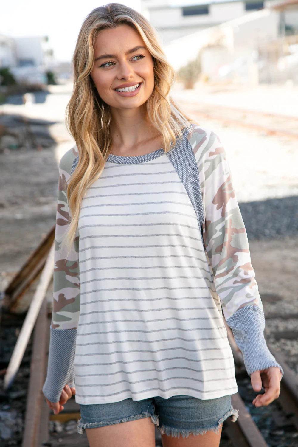 Grey Stripe Textured Knit Camo Raglan Top