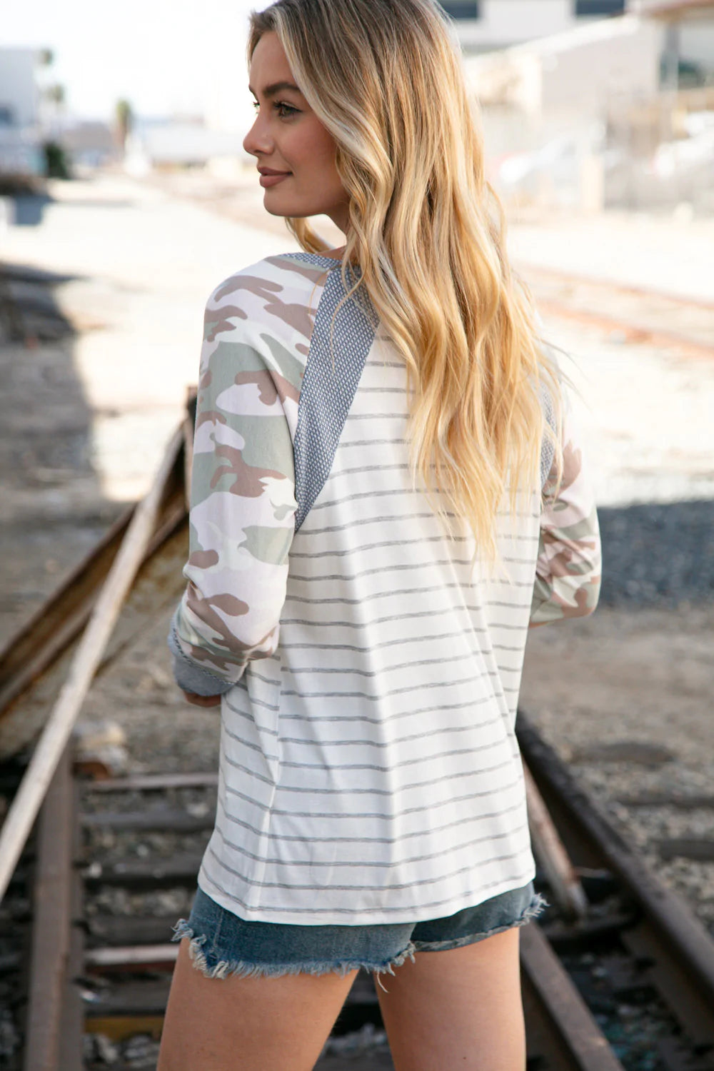 Grey Stripe Textured Knit Camo Raglan Top