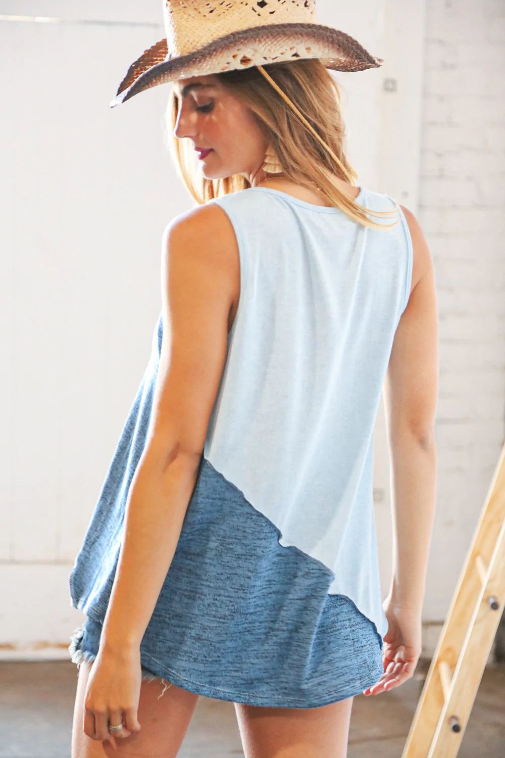 Blue Asymmetrical Outseam Color Block Tank Top