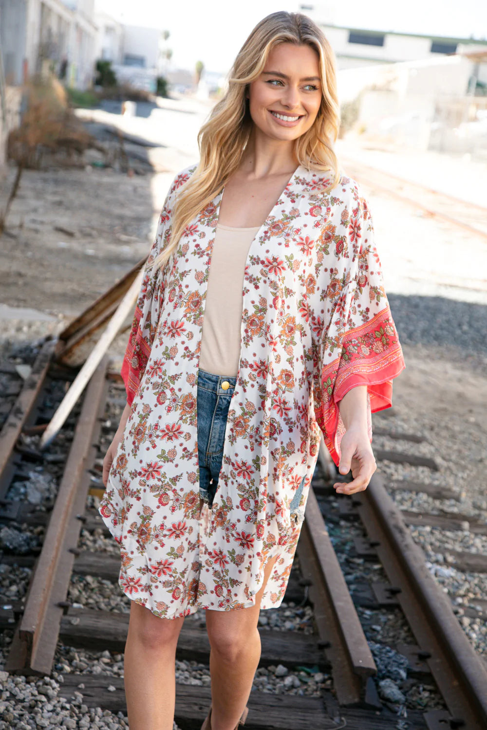 Coral Boho Floral Rayon Challis Open Kimono