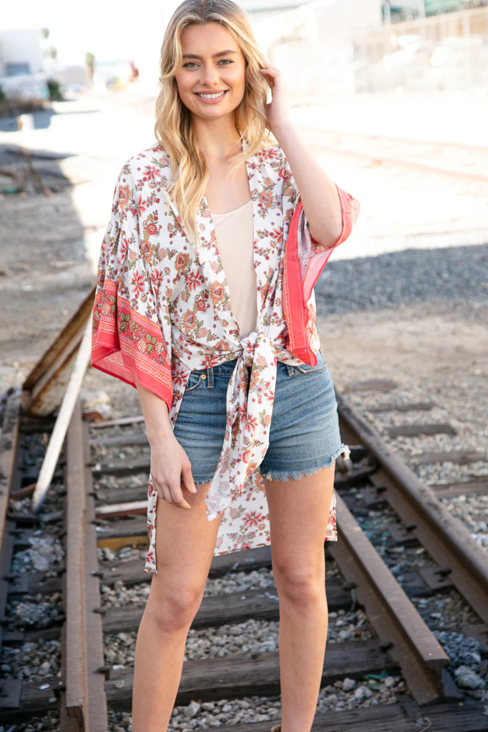 Coral Boho Floral Rayon Challis Open Kimono