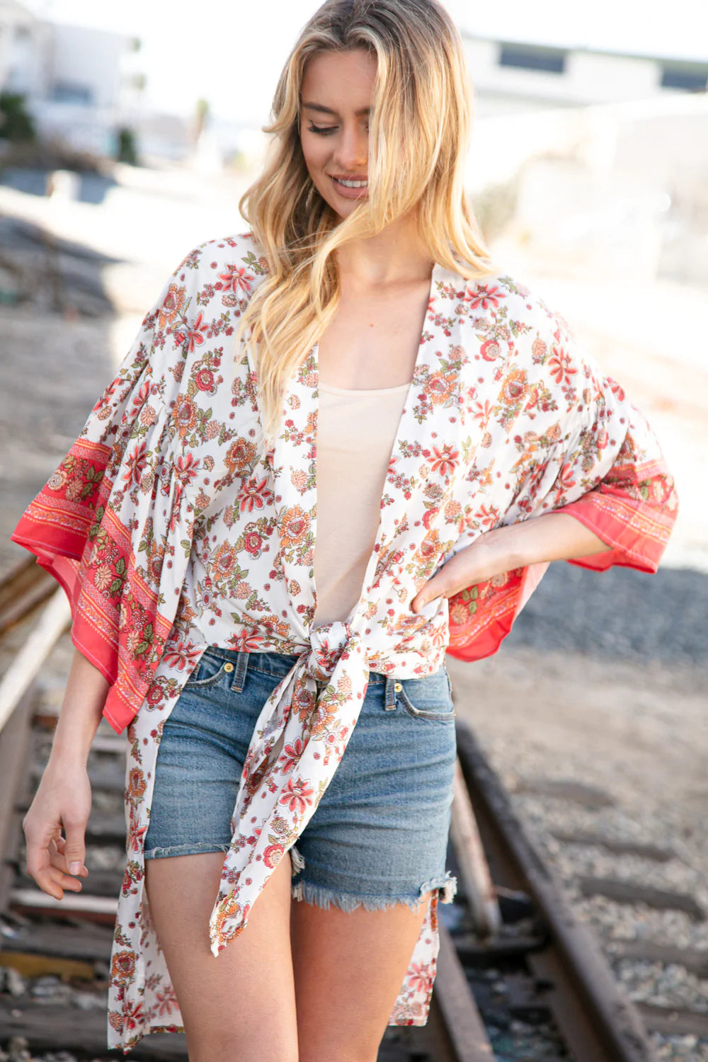 Coral Boho Floral Rayon Challis Open Kimono