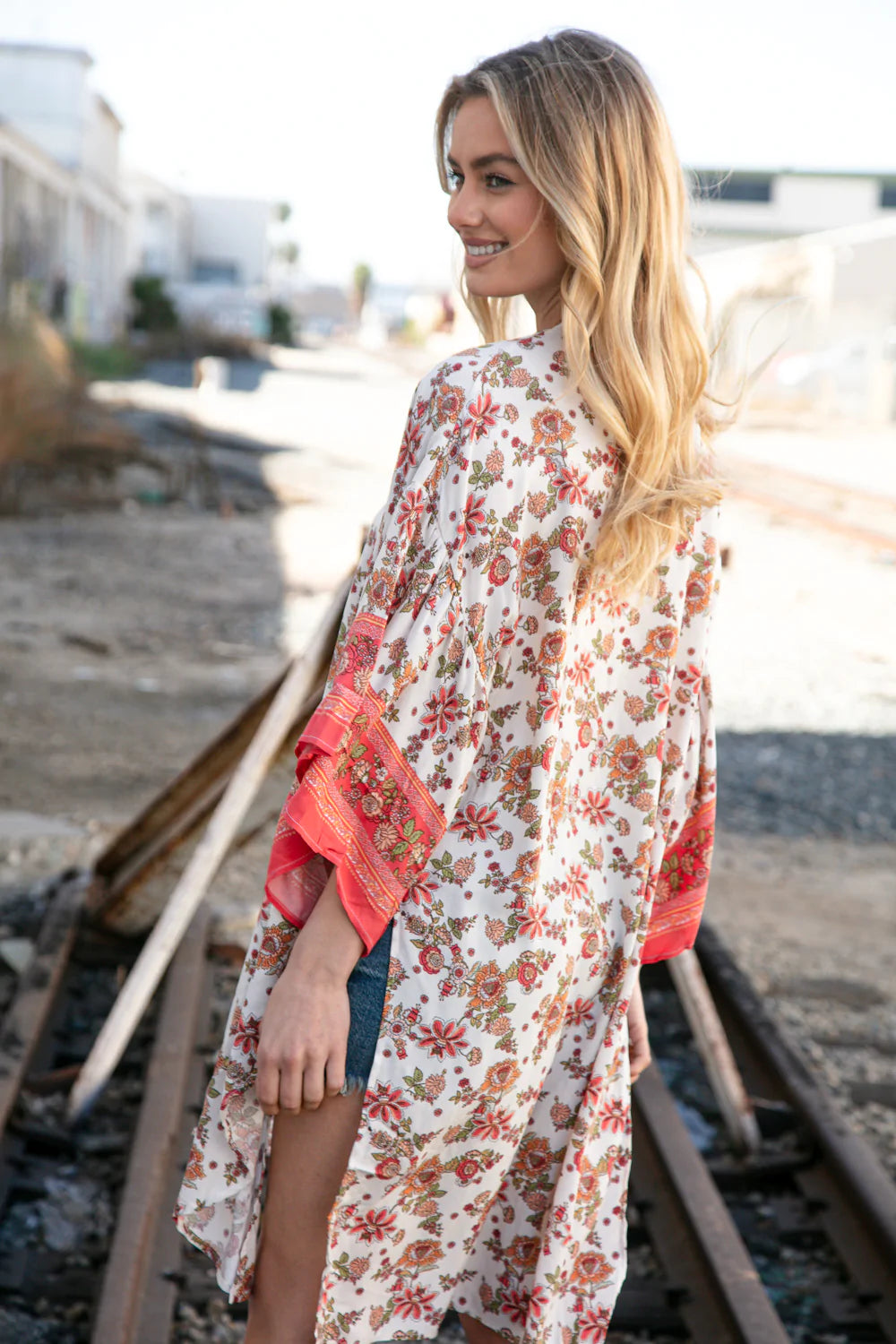 Coral Boho Floral Rayon Challis Open Kimono