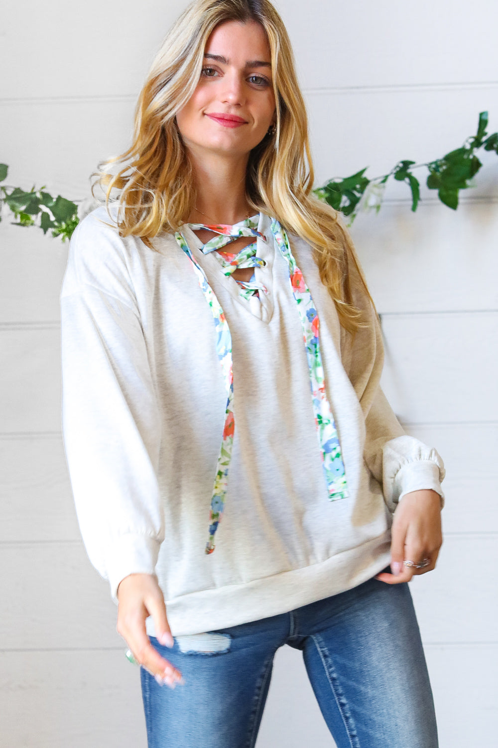 Cream Cotton Terry Floral Print Lace Up Pullover