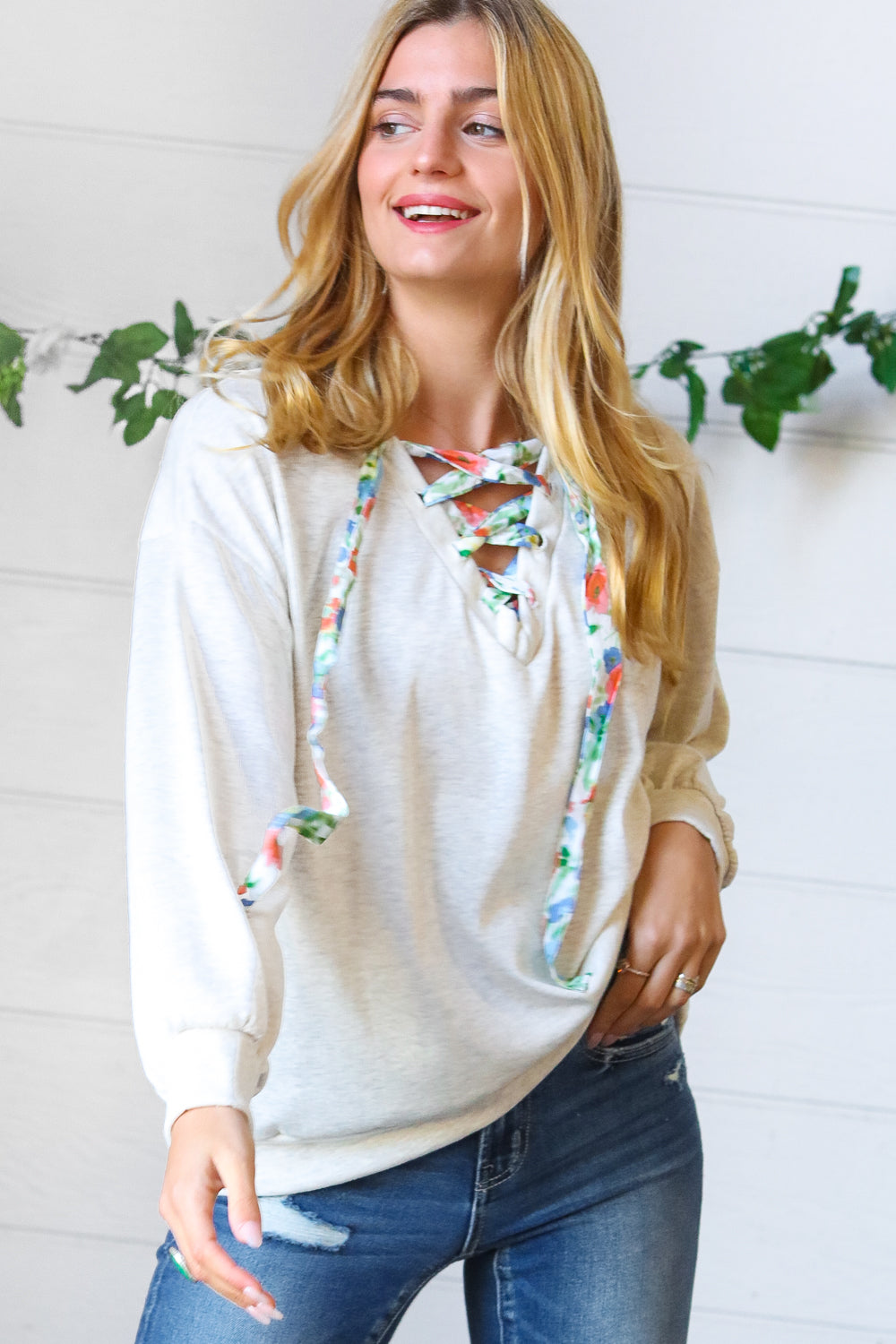 Cream Cotton Terry Floral Print Lace Up Pullover