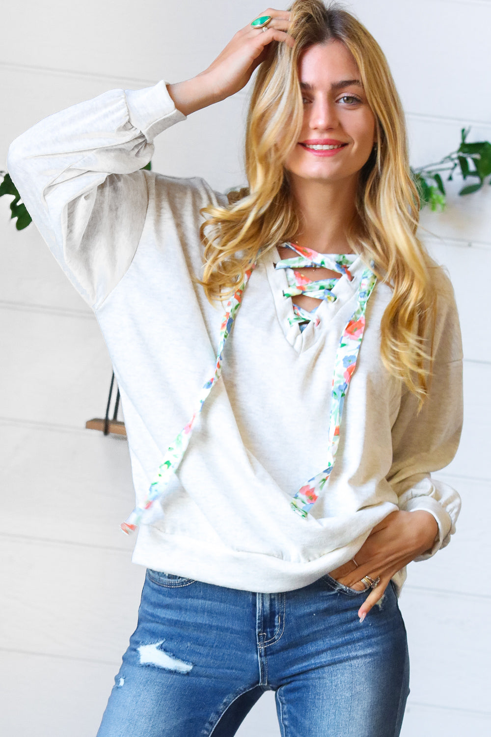 Cream Cotton Terry Floral Print Lace Up Pullover