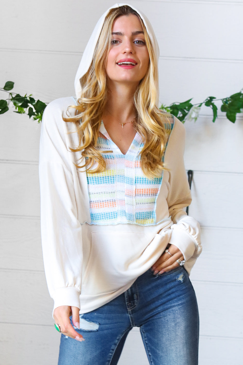 Oatmeal Multicolor Stripe Outseam Hoodie