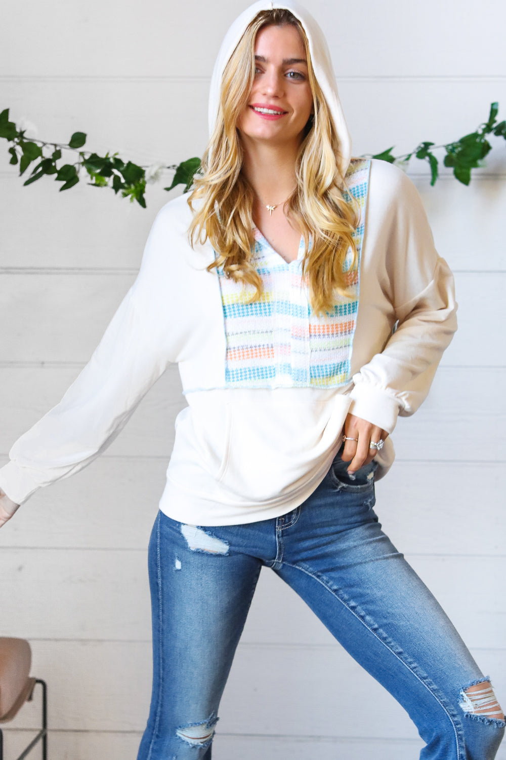 Oatmeal Multicolor Stripe Outseam Hoodie