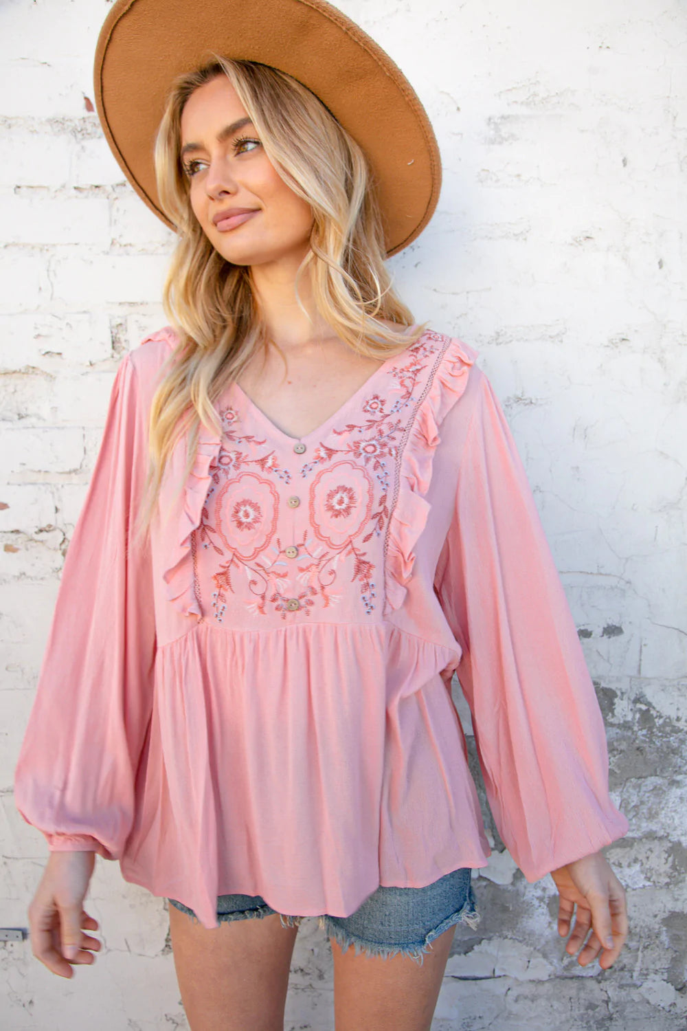 Rose Pink Embroidered Yoke Crochet Ruffle Top