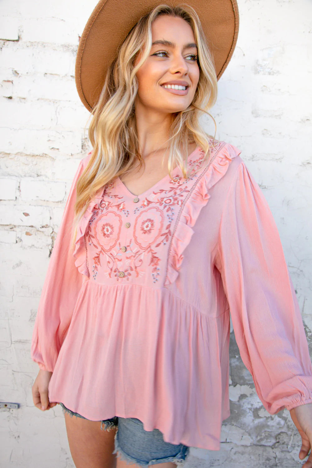 Rose Pink Embroidered Yoke Crochet Ruffle Top