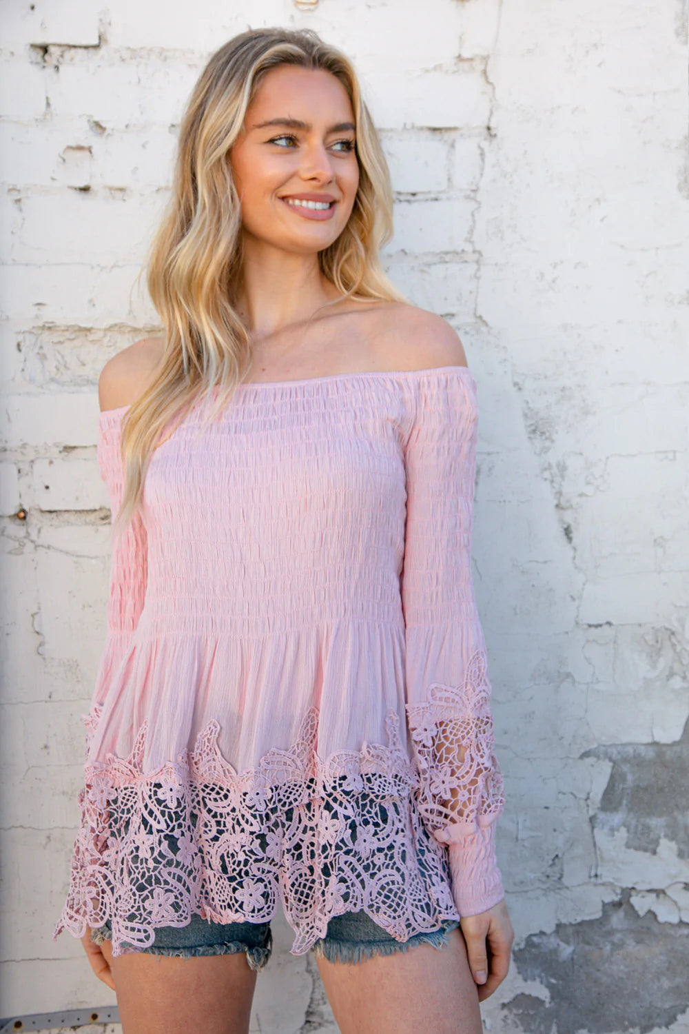 Blush Off-Shoulder Smocked Bubble Sleeve Crochet Top