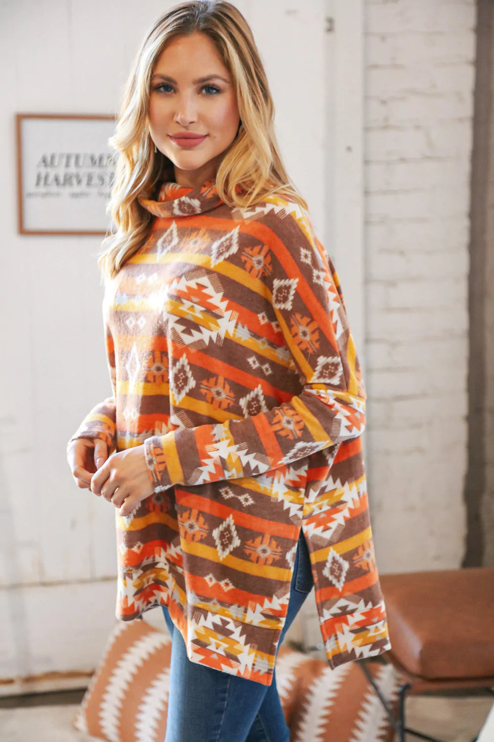 Hacci Aztec Print Side Slit Turtle Neck Tunic