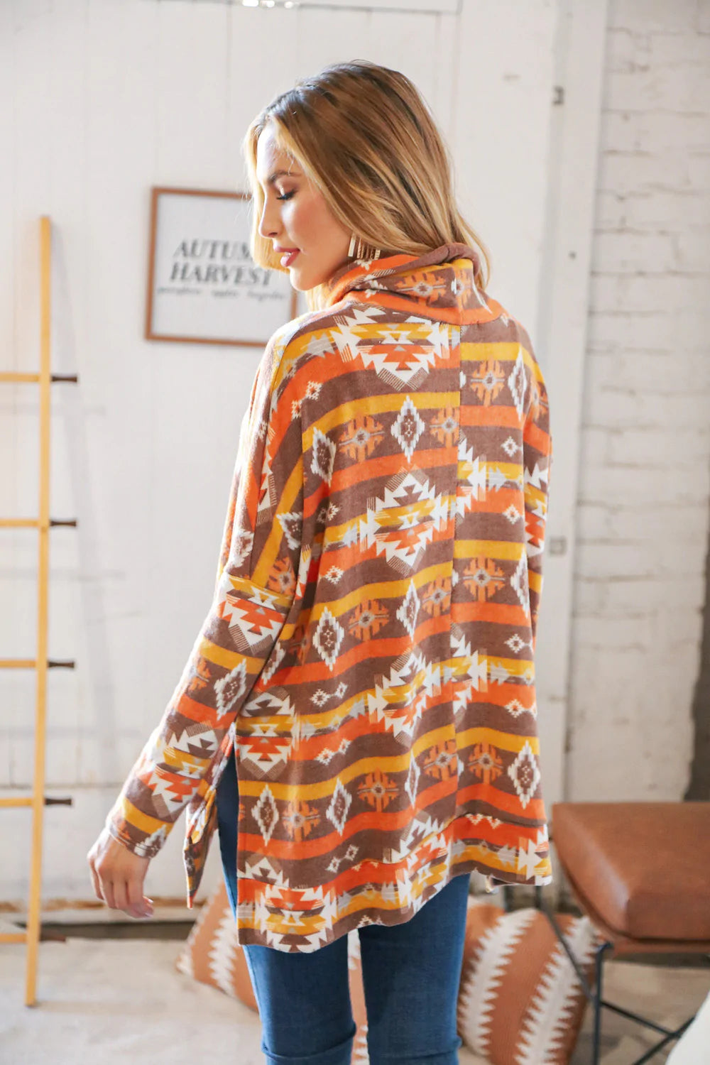 Hacci Aztec Print Side Slit Turtle Neck Tunic