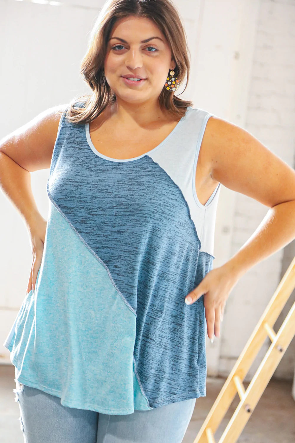 Blue Asymmetrical Outseam Color Block Tank Top