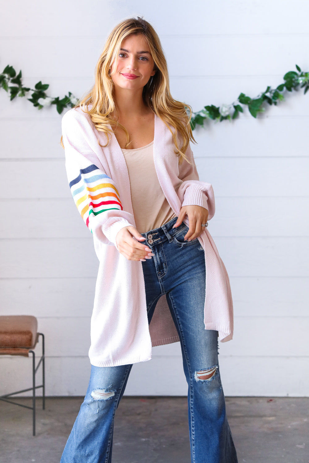 Rainbow Stripe Bubble Sleeve Open Sweater Cardigan