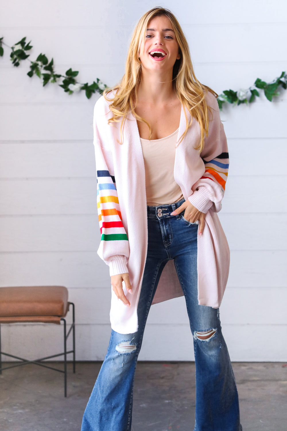 Rainbow Stripe Bubble Sleeve Open Sweater Cardigan