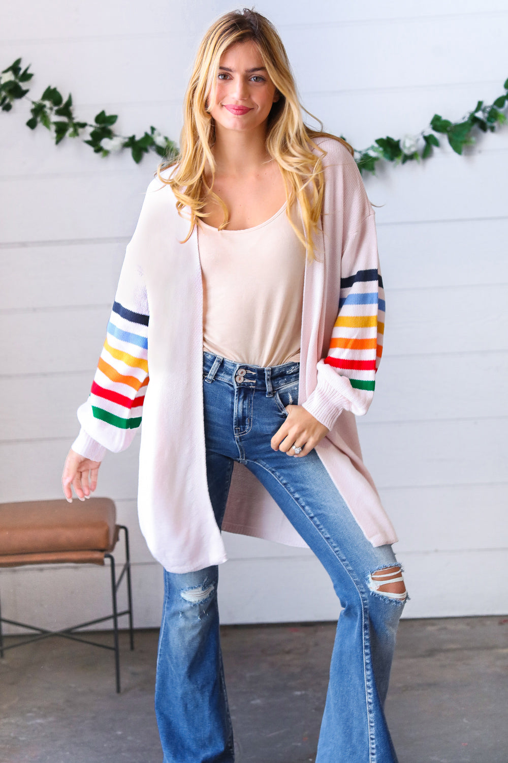 Rainbow Stripe Bubble Sleeve Open Sweater Cardigan