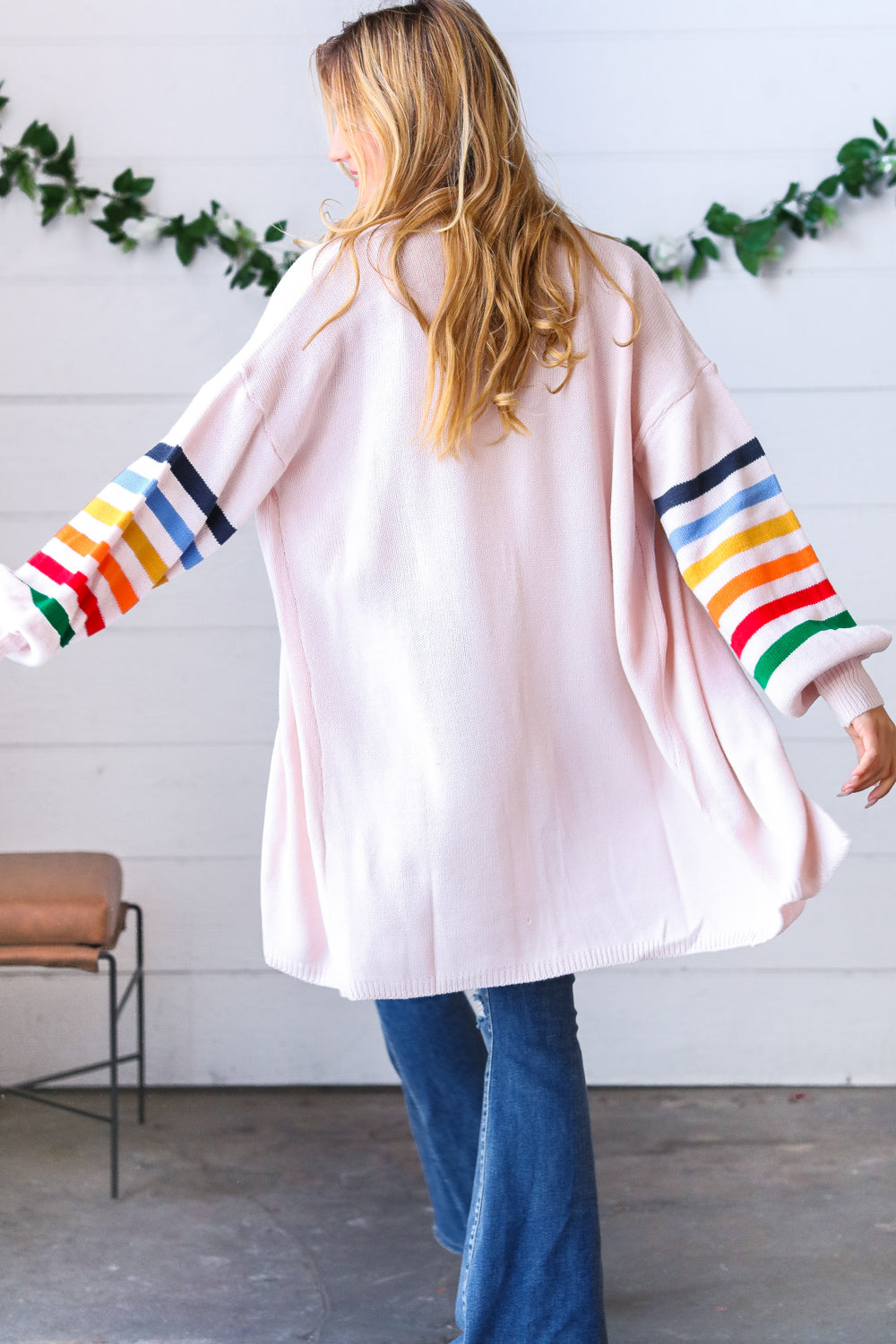 Rainbow Stripe Bubble Sleeve Open Sweater Cardigan