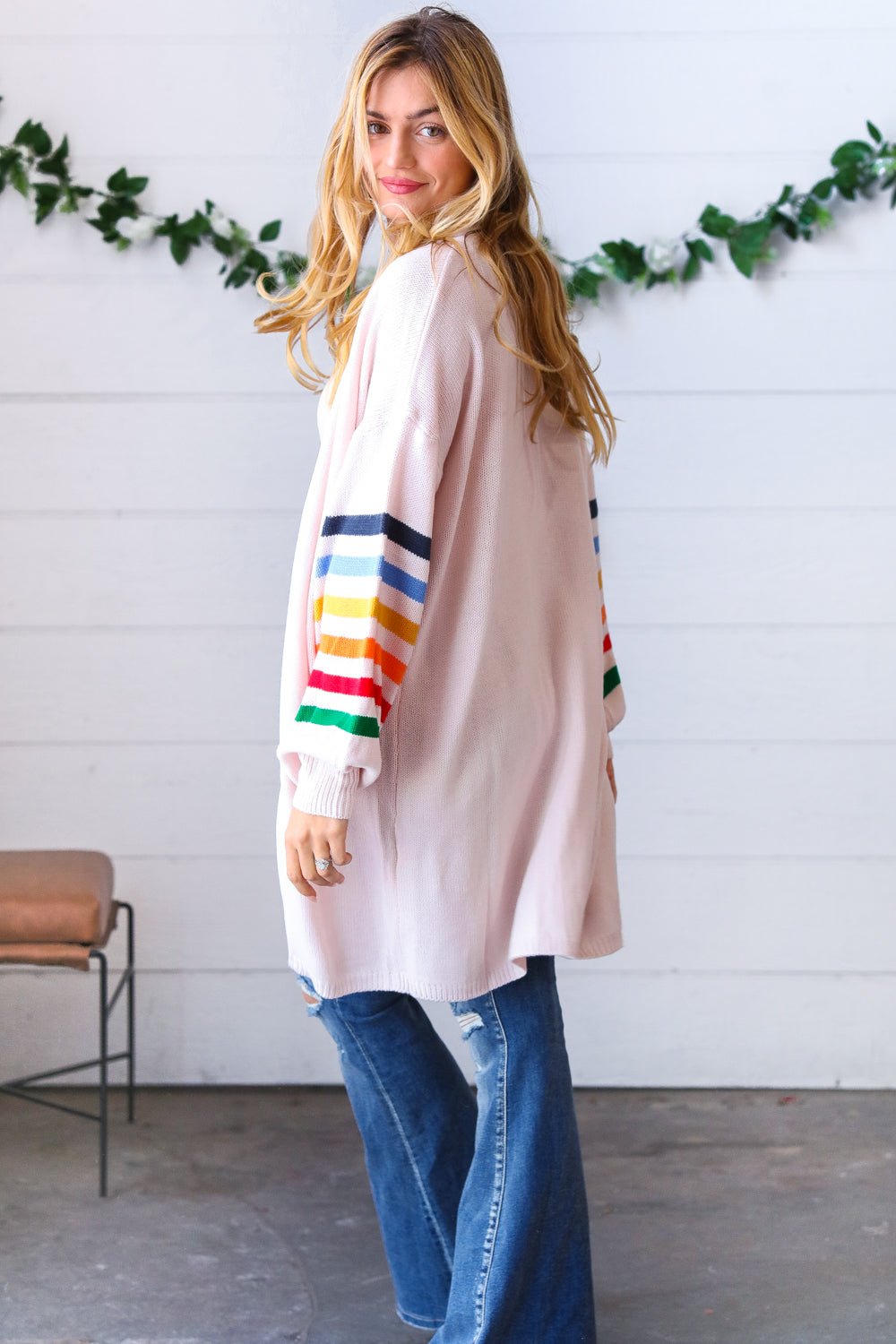 Rainbow Stripe Bubble Sleeve Open Sweater Cardigan