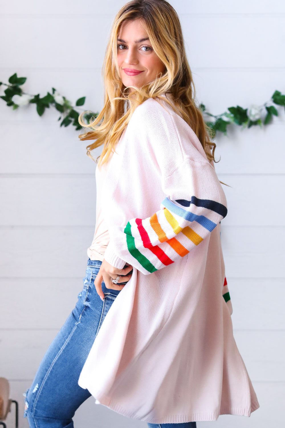 Rainbow Stripe Bubble Sleeve Open Sweater Cardigan