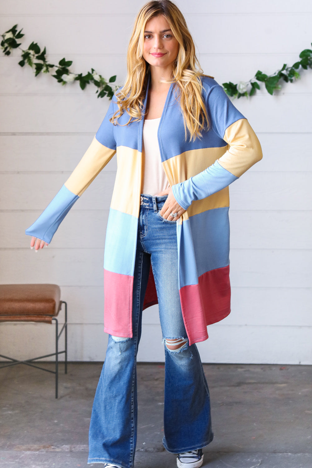 Denim Wide Stripe Terry Color Block Open Cardigan