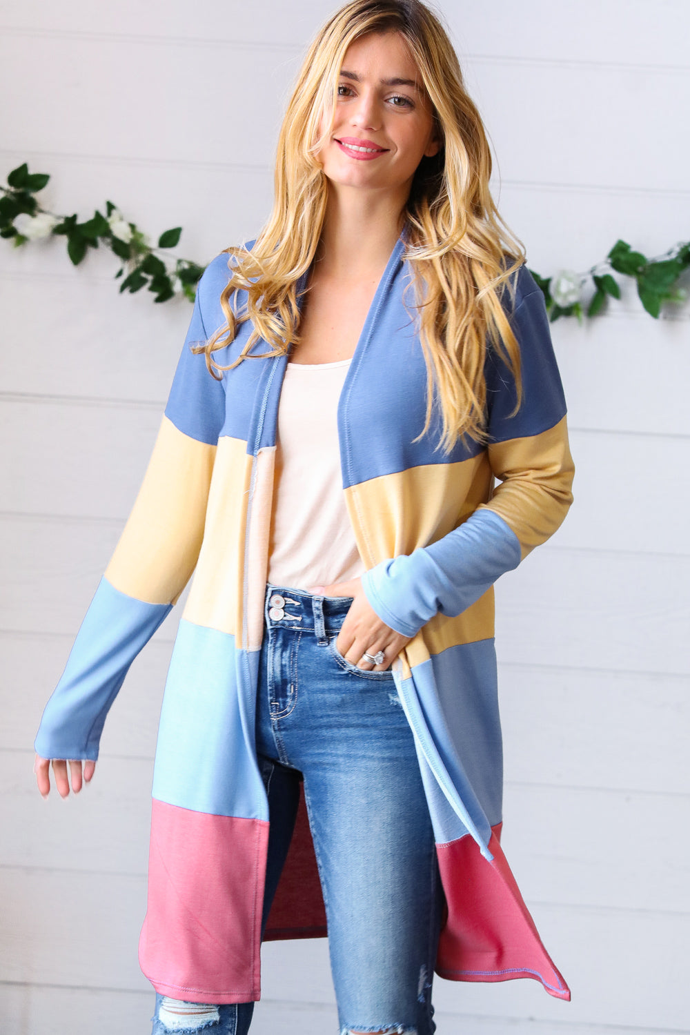 Denim Wide Stripe Terry Color Block Open Cardigan