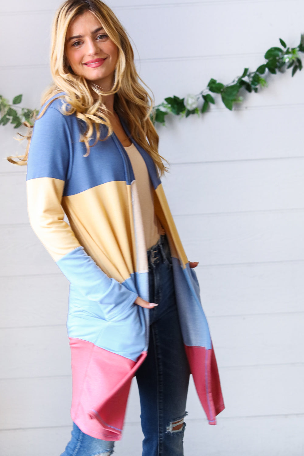 Denim Wide Stripe Terry Color Block Open Cardigan