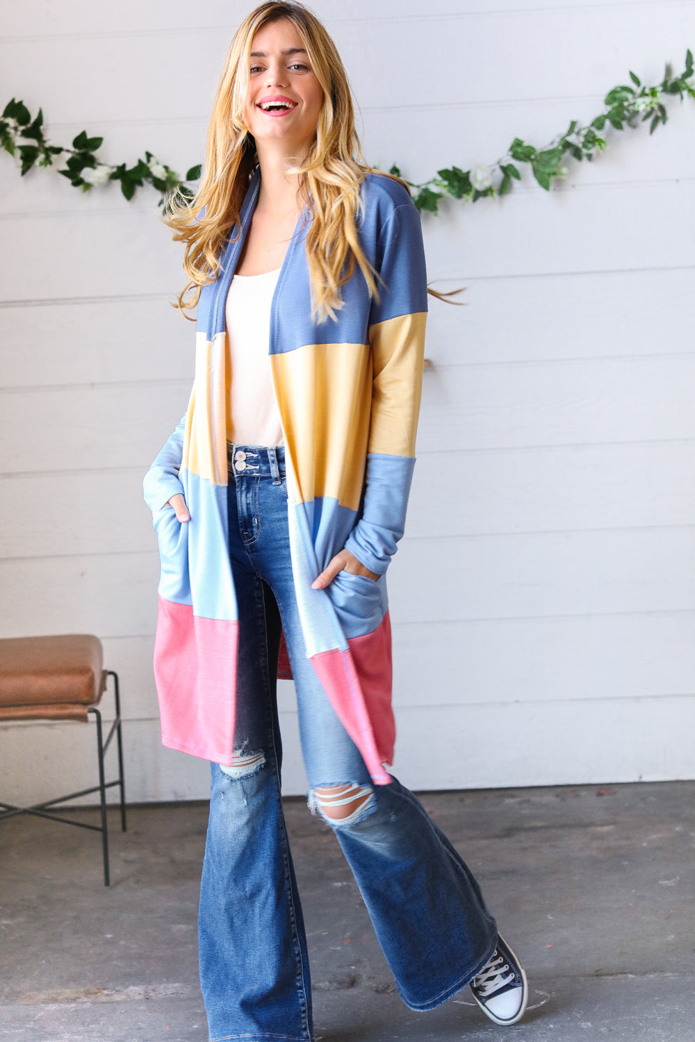 Denim Wide Stripe Terry Color Block Open Cardigan