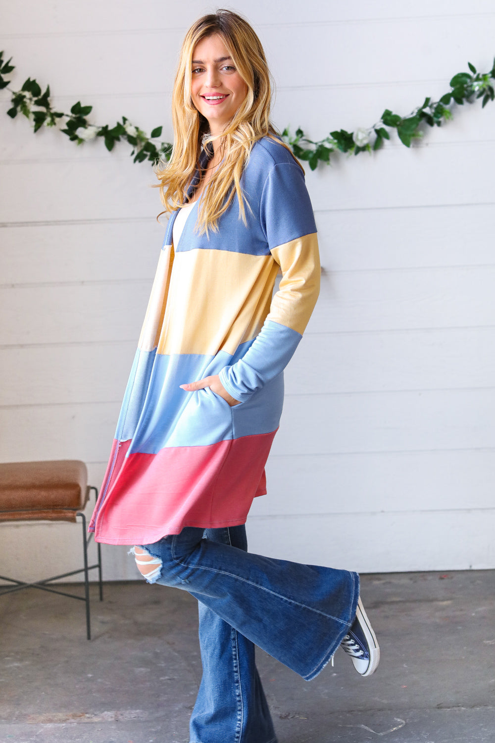 Denim Wide Stripe Terry Color Block Open Cardigan