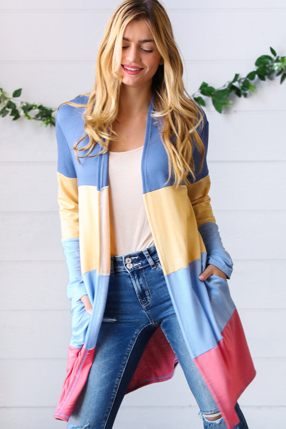 Denim Wide Stripe Terry Color Block Open Cardigan