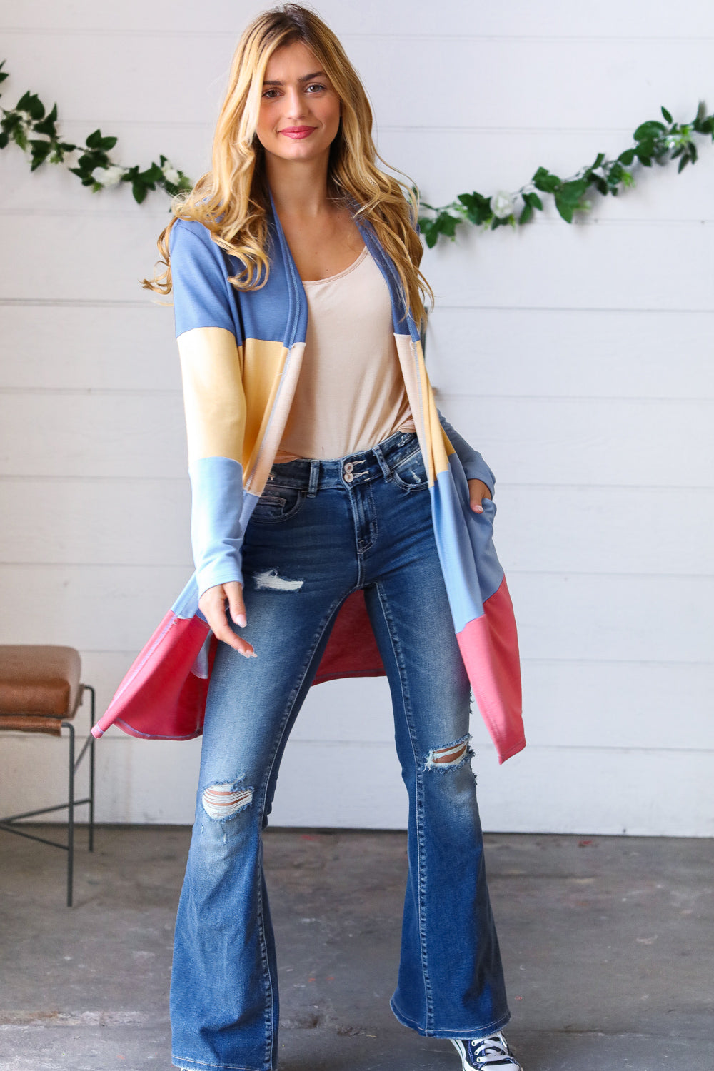 Denim Wide Stripe Terry Color Block Open Cardigan