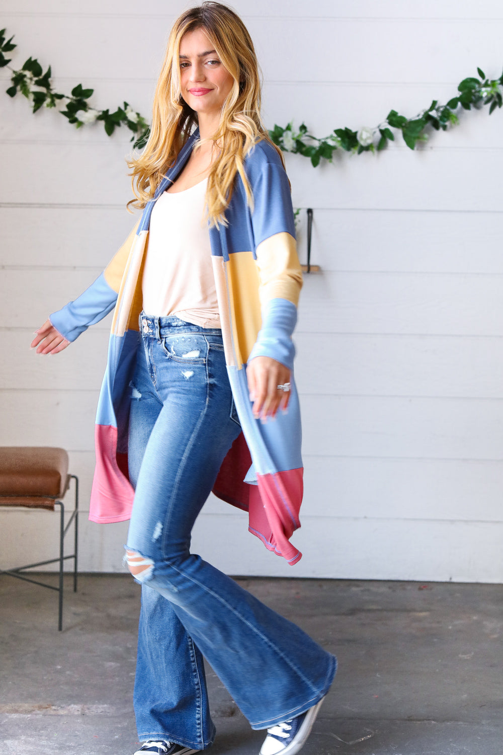 Denim Wide Stripe Terry Color Block Open Cardigan