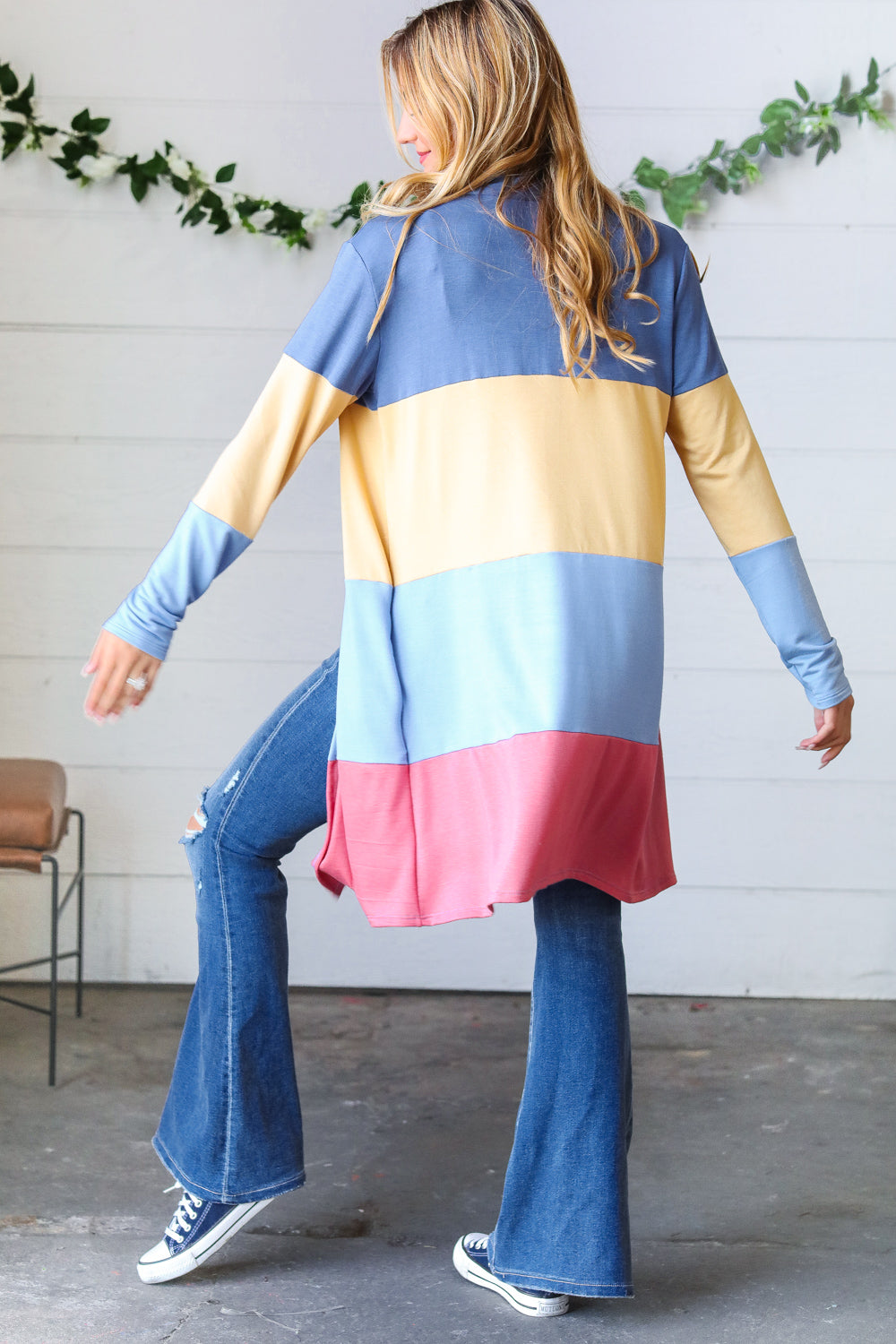 Denim Wide Stripe Terry Color Block Open Cardigan