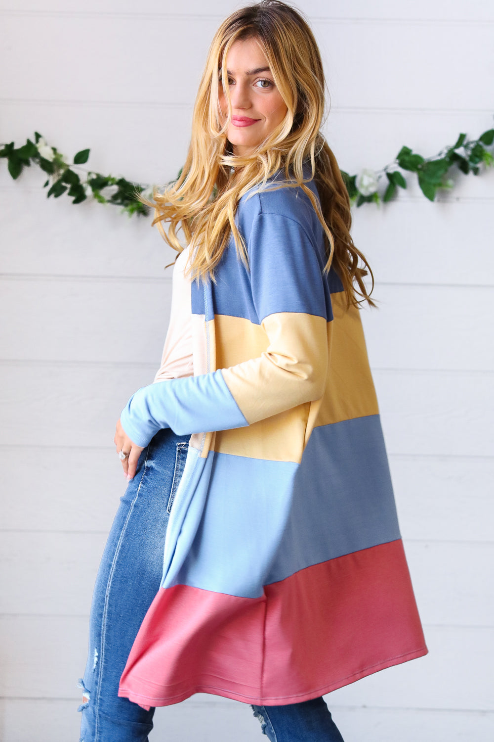 Denim Wide Stripe Terry Color Block Open Cardigan