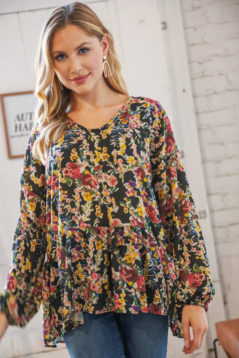 Black Floral V Neck Babydoll Ruffle Woven Blouse