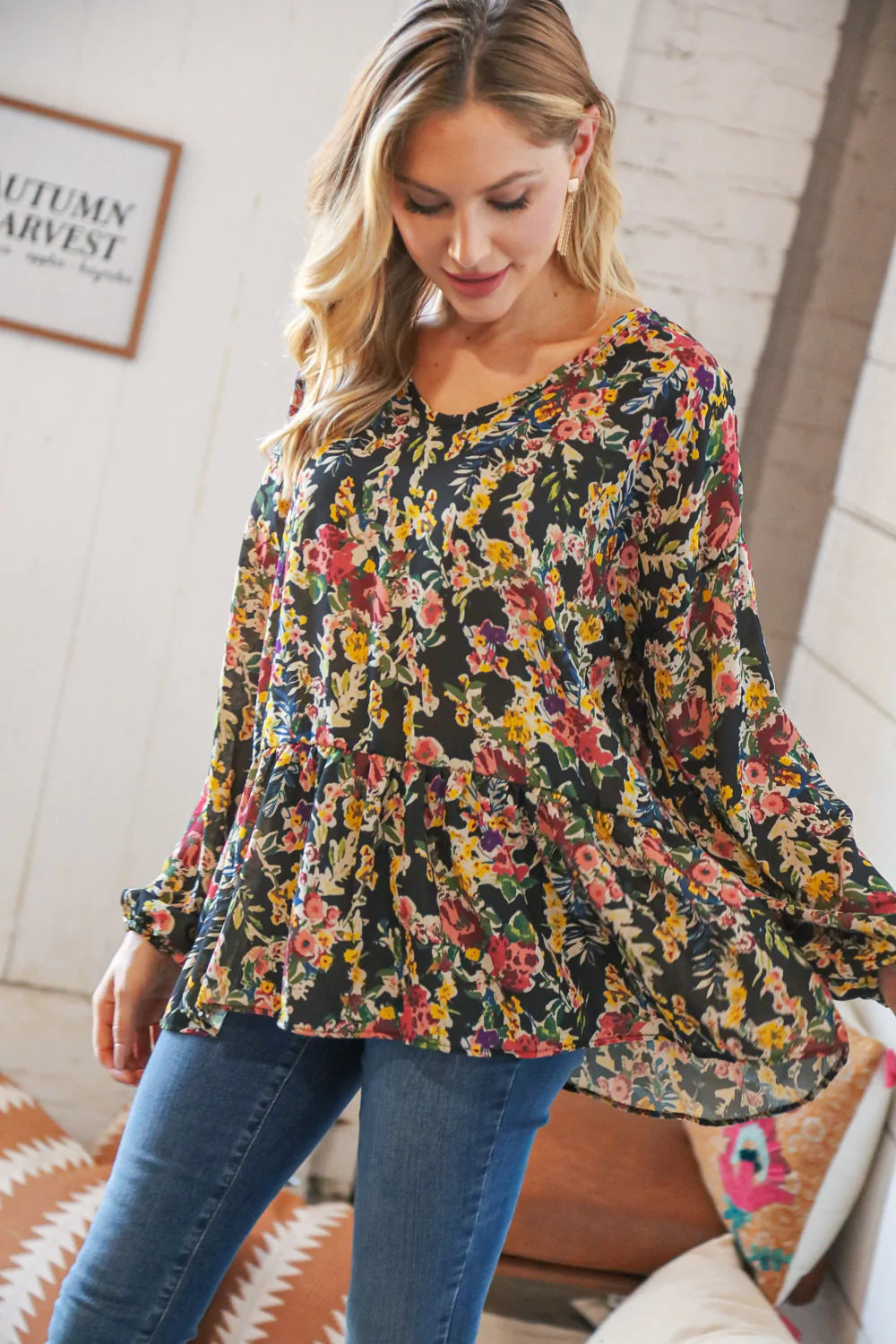 Black Floral V Neck Babydoll Ruffle Woven Blouse