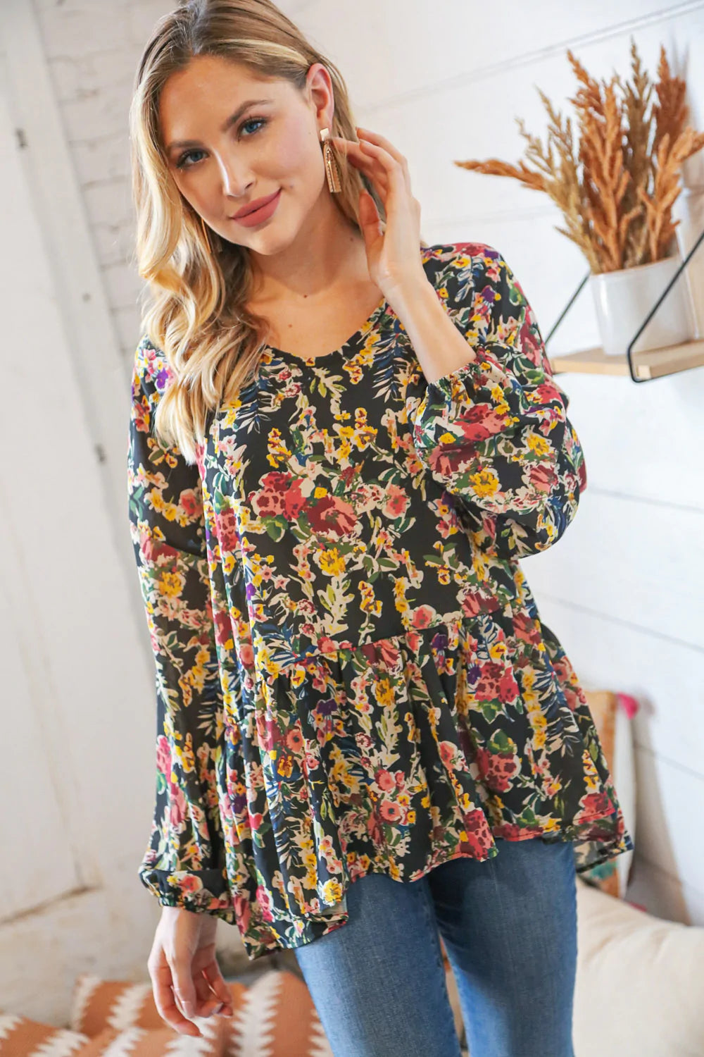 Black Floral V Neck Babydoll Ruffle Woven Blouse