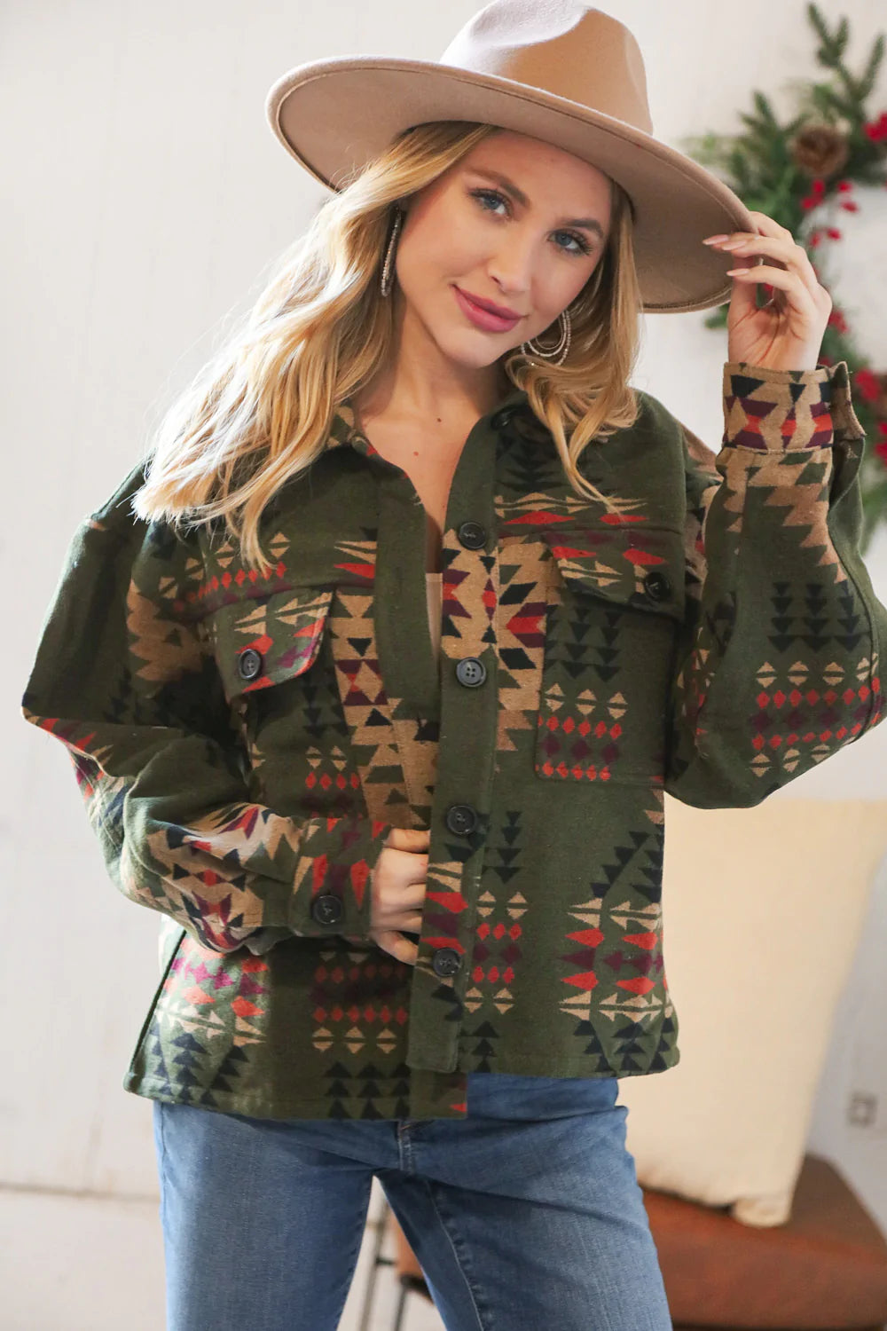 Olive Aztec Breast Flap Pocket Holiday Shacket