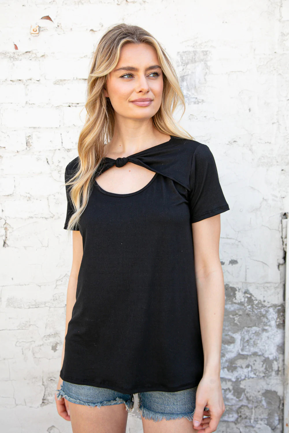 Black Knotted Cut Out Short Sleeve Top