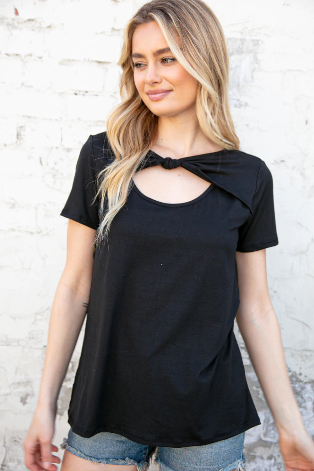 Black Knotted Cut Out Short Sleeve Top