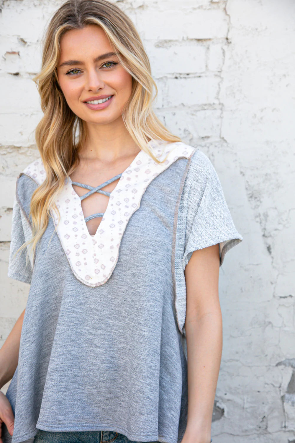 Boho Print Terry Cotton Triblend Color Block Crisscross Top