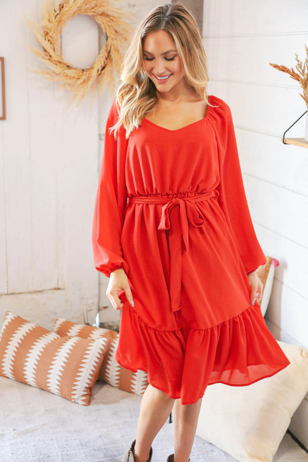 Burnt Orange V Neck Tie Waist Lined Midi Woven Dress