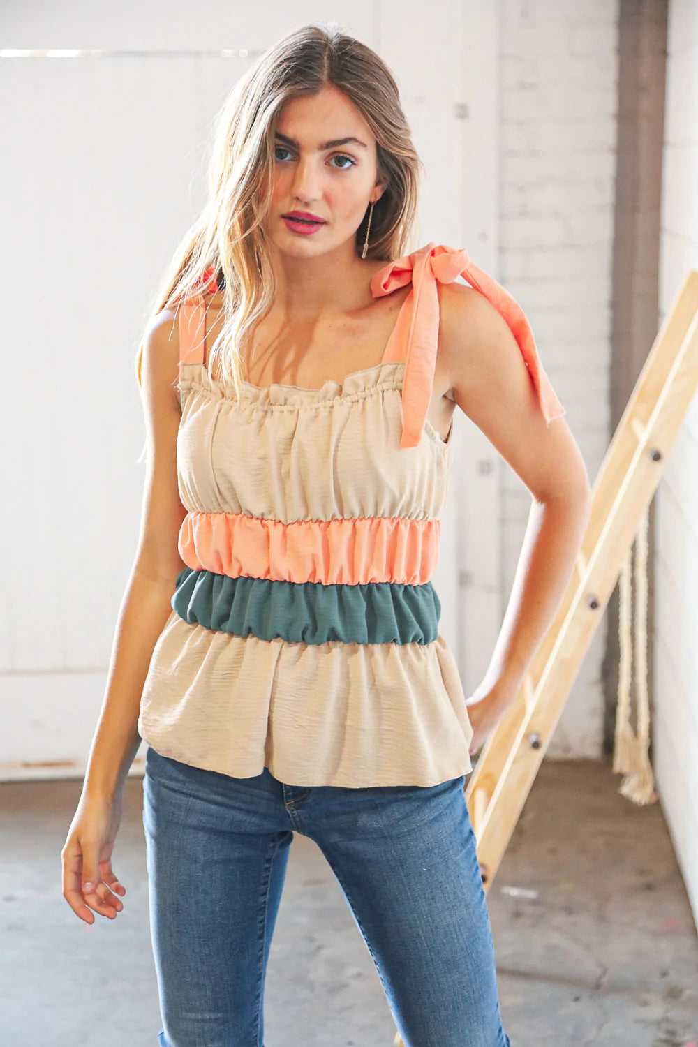 Peach Tie Knot Shoulder Detail Color Block Top