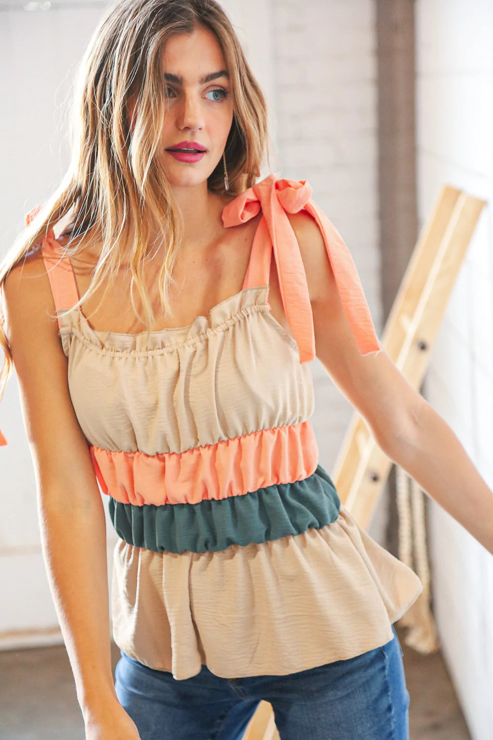 Peach Tie Knot Shoulder Detail Color Block Top