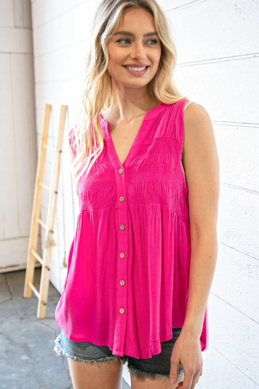 Hot Pink Solid Button-Up Sleeveless Top